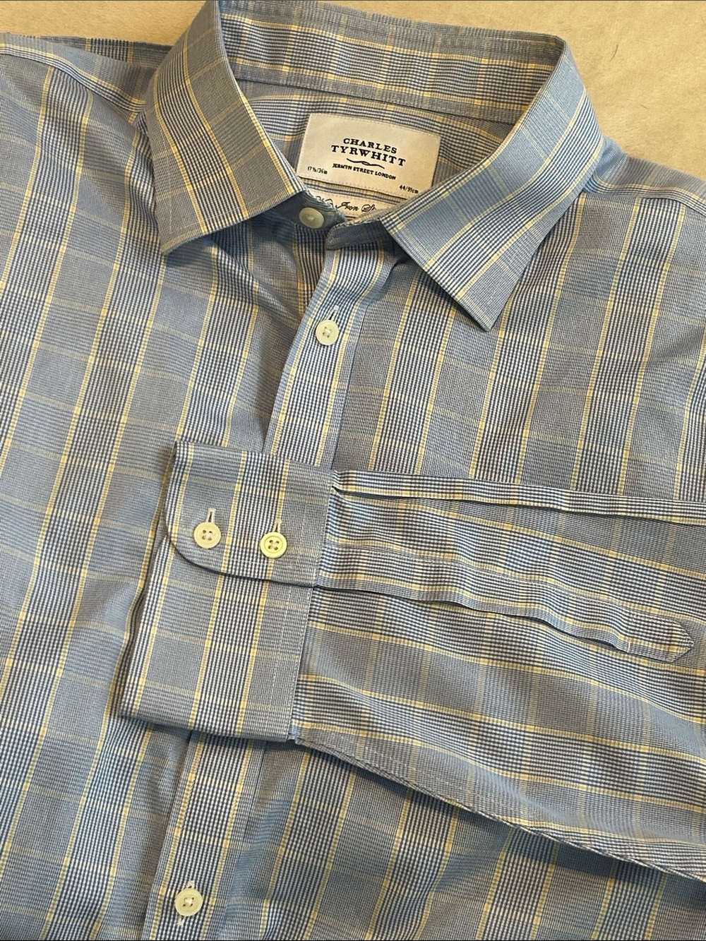Charles Tyrwhitt Non-Iron Slim Fit Dress Shirt Blue Yellow Plaid 17.5 / 36